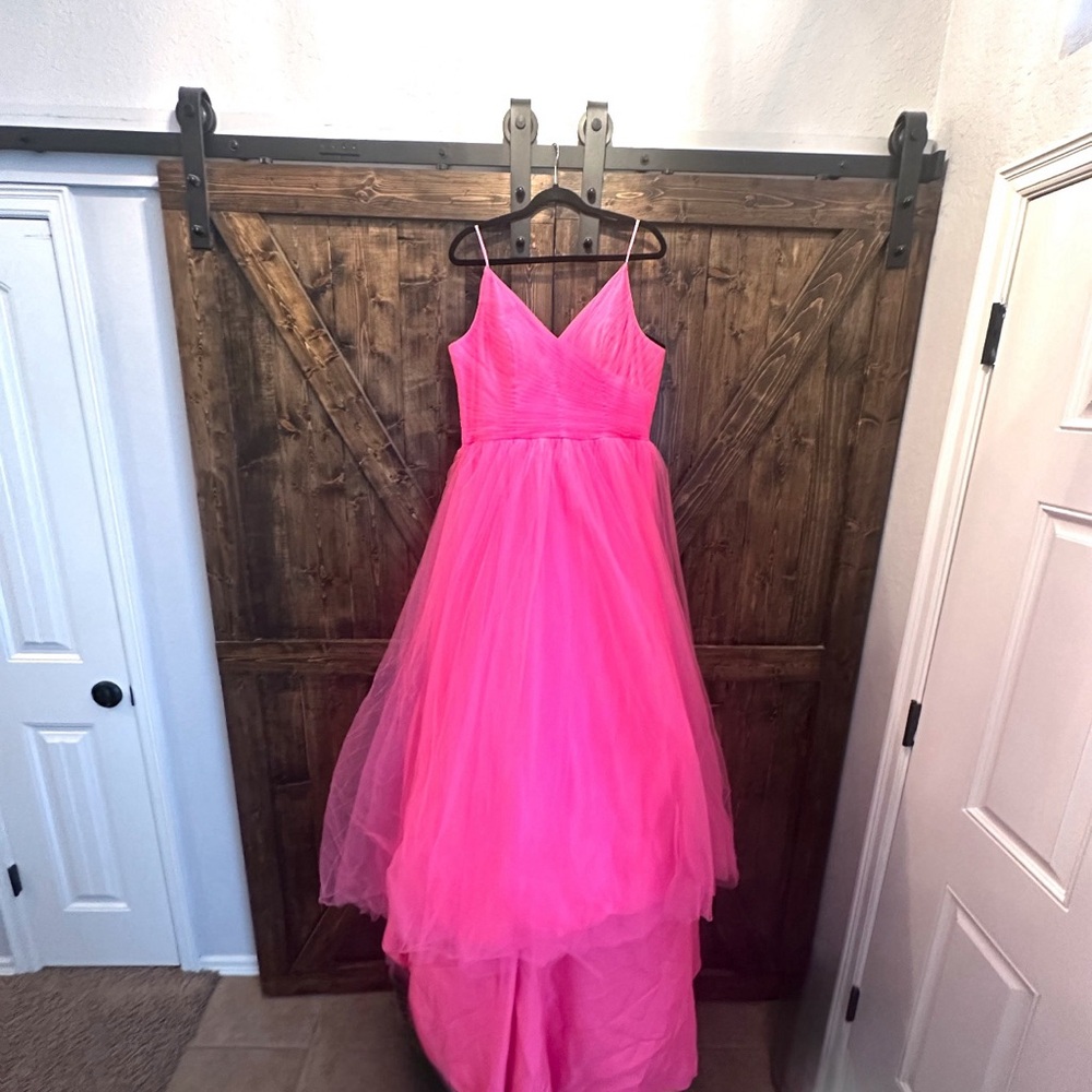 Pink High-Low Tiered Gown with Spaghetti Straps